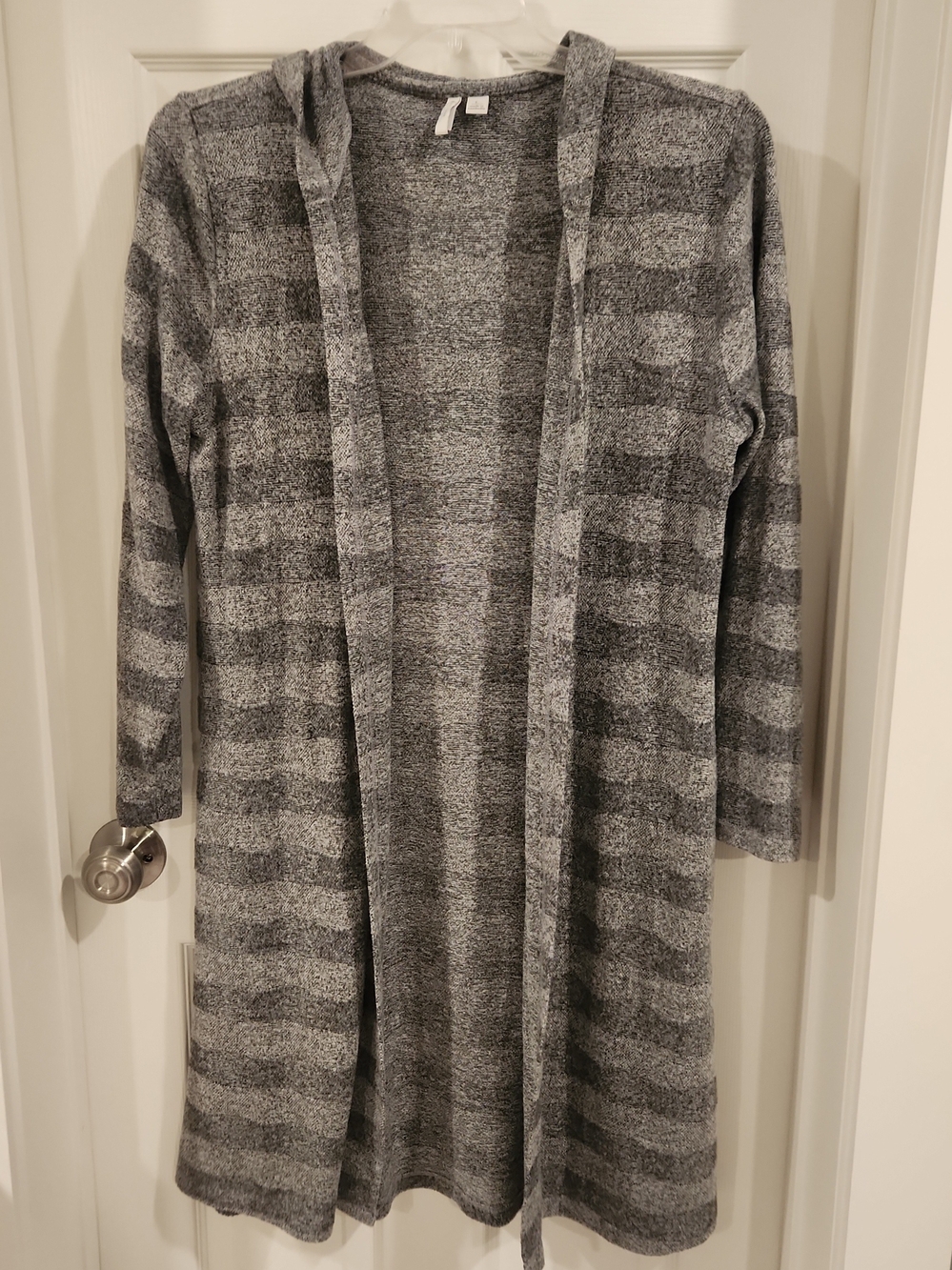 Cato Gray Dark Gray Striped Open Front Hooded Cardigan Duster Sweater Womens L